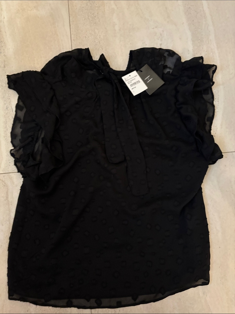 Nordstrom Black Swiss Dot Ruffle Sleeve Tie-Neck Blouse